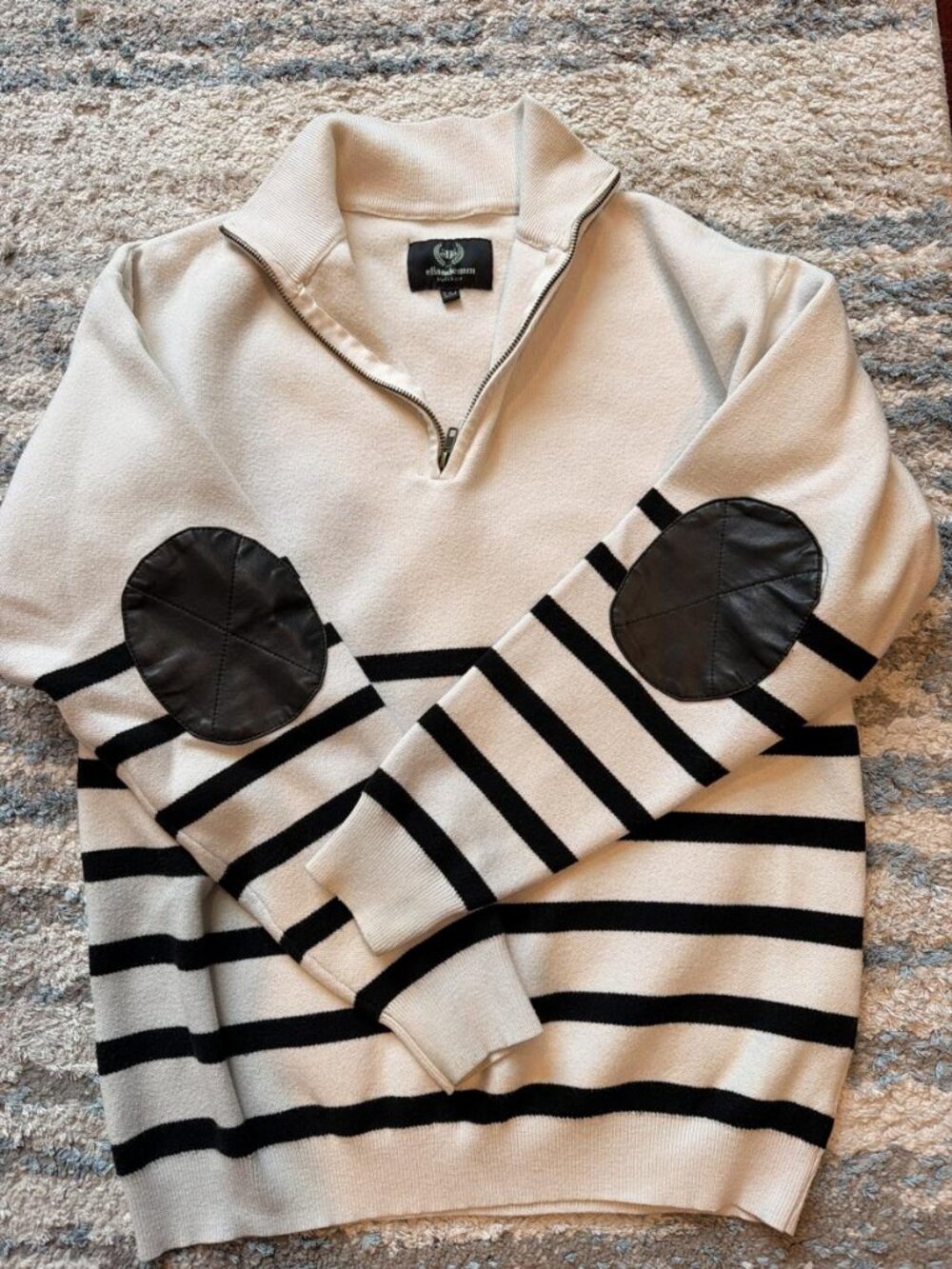 EllandEmm Cream Black Striped Half Zip Sweater Elbow Patches S/M